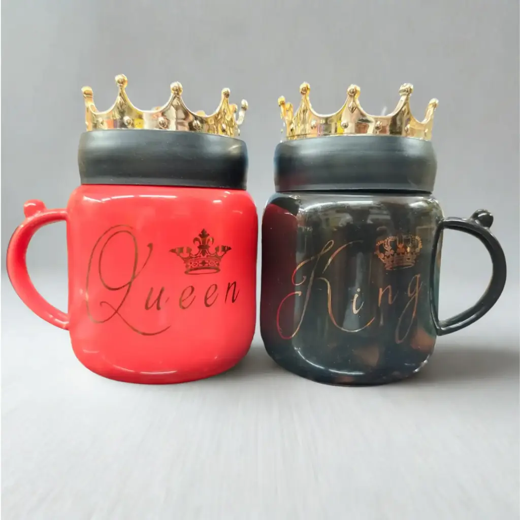 King Queen couple mugs with crown on lid, Royal Touch with black glass on lid, insulation material, red and black in color