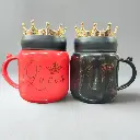 King Queen couple mugs with crown on lid, Royal Touch with black glass on lid, insulation material, red and black in color