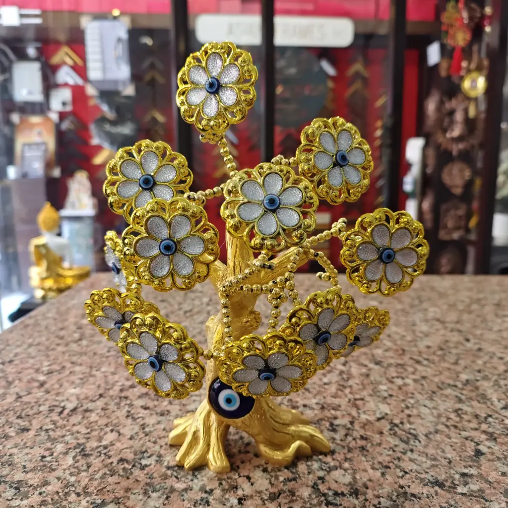Golden tree with nazar suraksha beeds on leaf nodes, 11 branches, golden in color