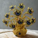 Golden tree planted inside a golden pot with large owl-eyed nazar suraksha beads on leaf nodes, 11 branches, golden in color