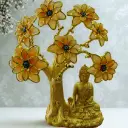 Golden tree with lord buddha sitting below the tree and showing peace with nazar suraksha beads on leaf nodes of tree, 7 branches