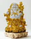 Laughing Buddha Large Size, Pearl White and Golden color, standing on wooden platform