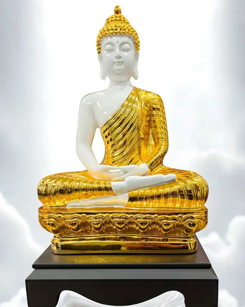 Lord Buddha white and gold large size with wooden base