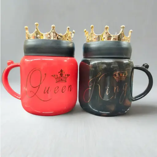 King Queen couple mugs with crown on lid, Royal Touch with black glass on lid, insulation material, red and black in color