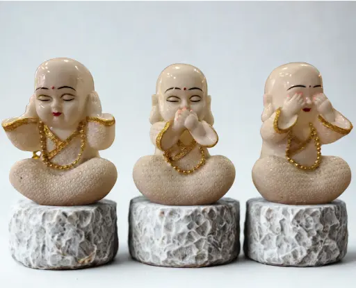 3 monks with signage of no bad listening, no bad seeing and no bad speaking, white color, large size